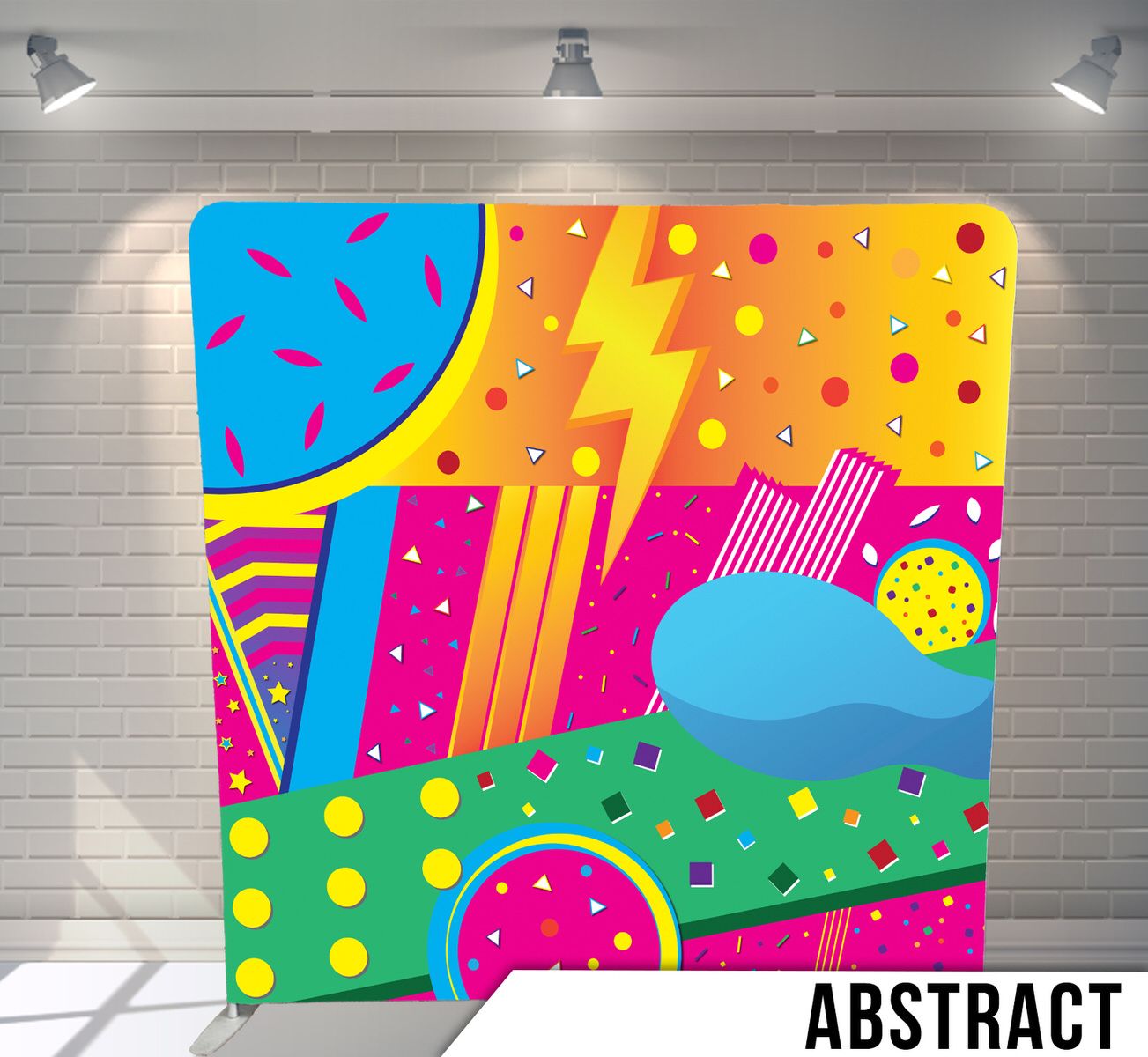 Vibrant pop art pattern with lightning bolts, geometric shapes, and colorful dots on a bright background.