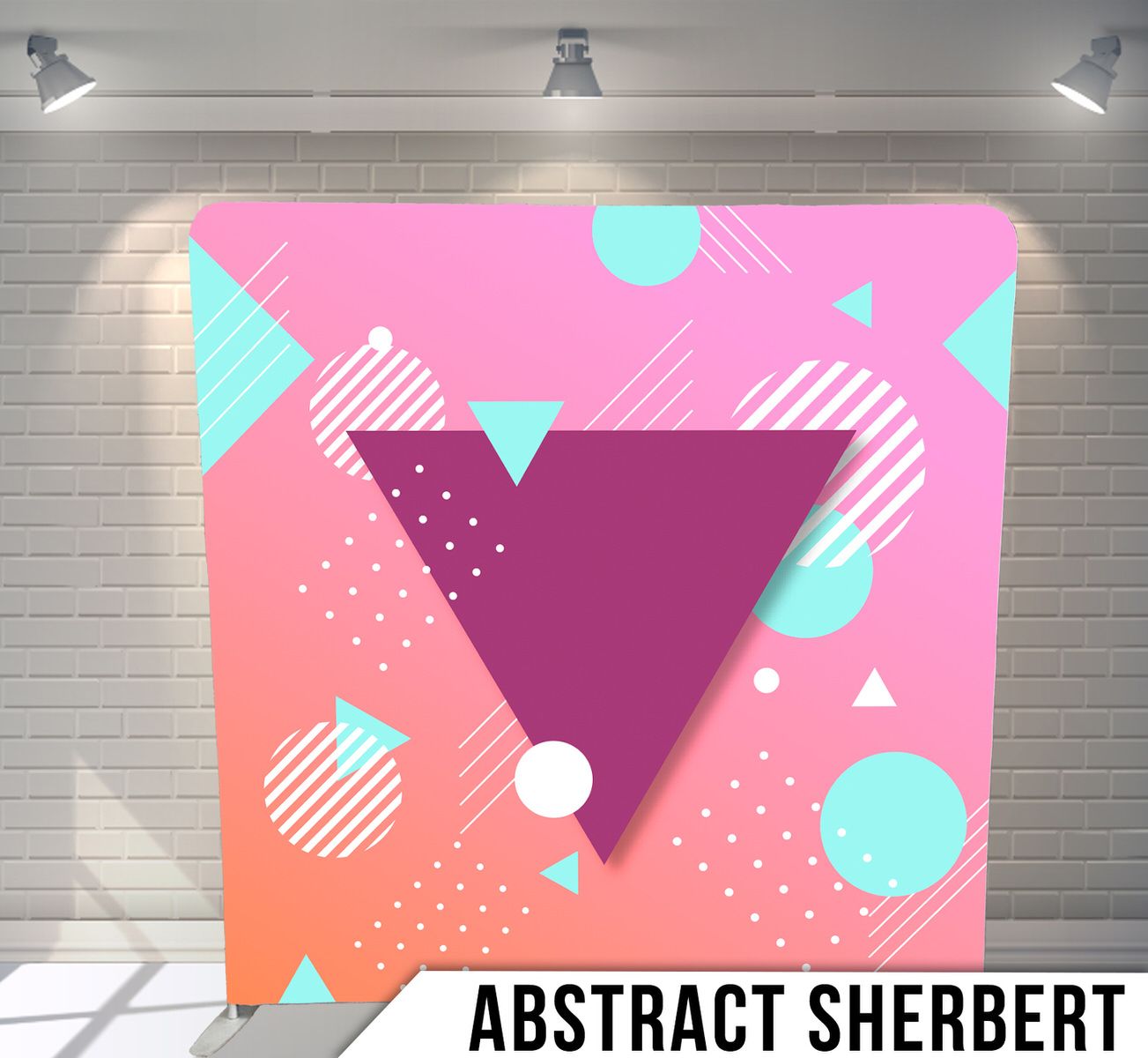 Modern abstract design with geometric shapes in pink, purple and turquoise on gradient background.