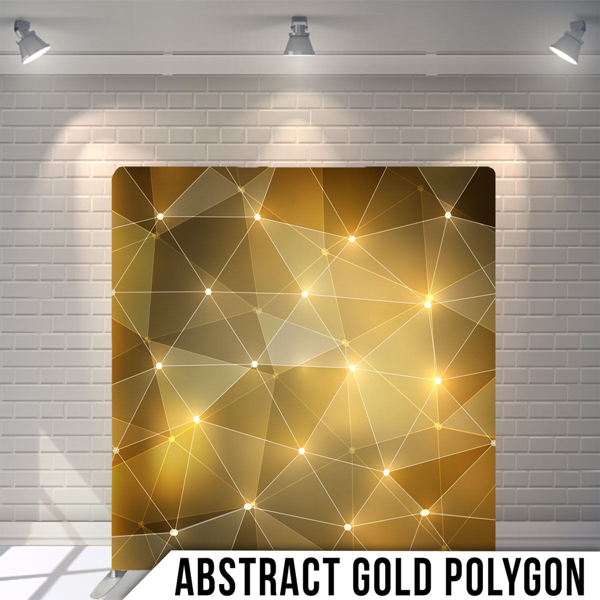 Abstract geometric pattern featuring golden polygons with glowing nodes and connecting lines.