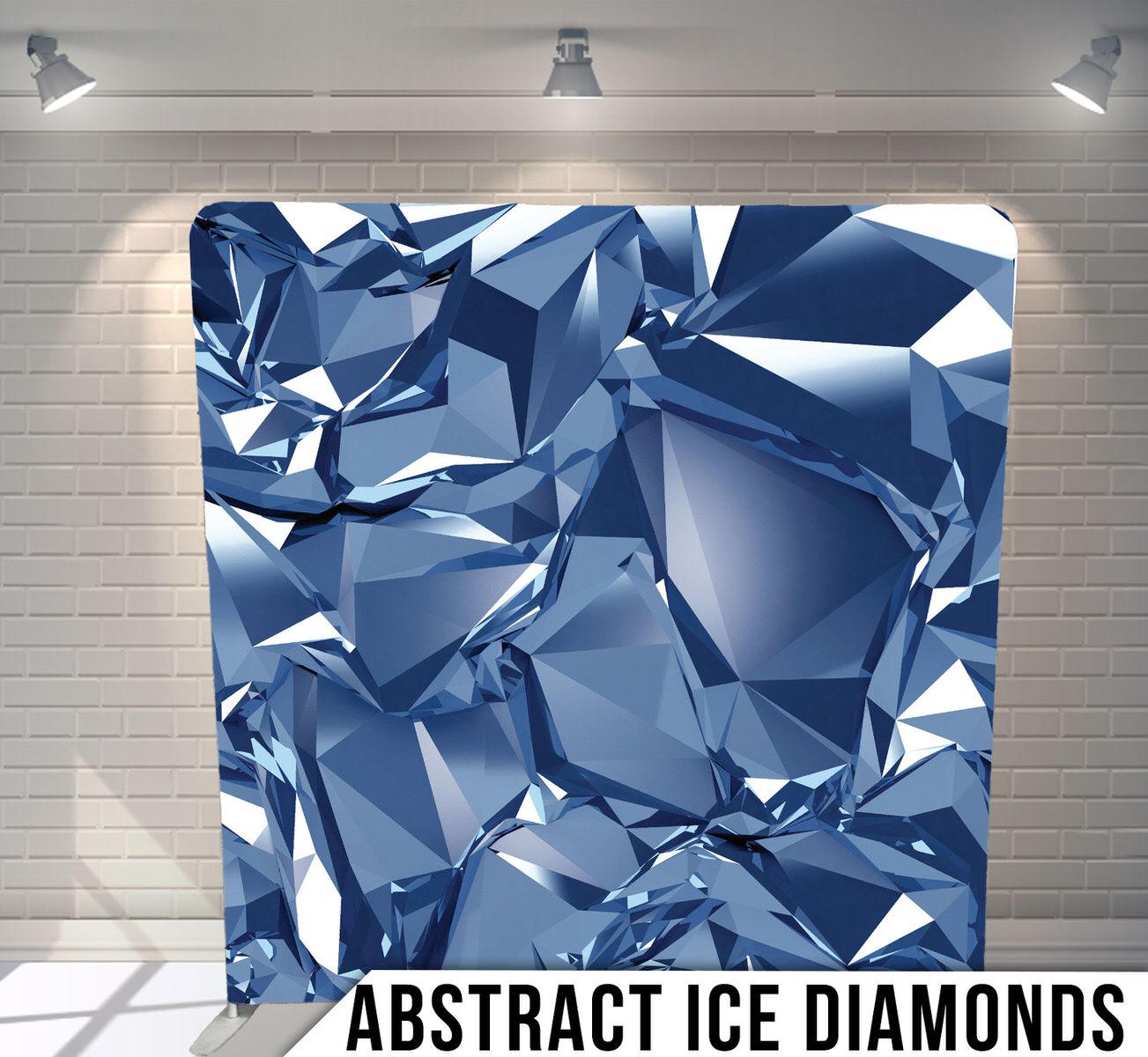 Crystalline abstract background with faceted blue diamond shapes creating a 3D ice-like texture.