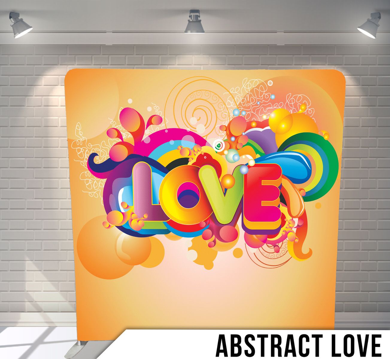 Colorful psychedelic text design spelling LOVE with swirls and rainbow elements on orange background.