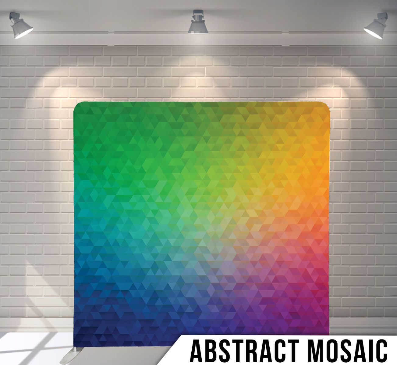 Rainbow gradient mosaic pattern made of geometric triangles flowing from cool to warm colors.