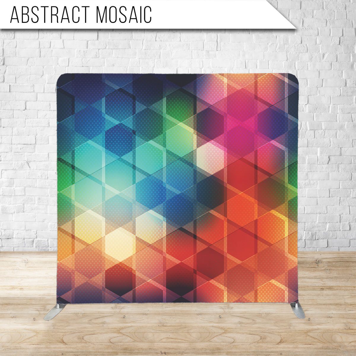 Colorful hexagonal mosaic pattern transitioning through rainbow spectrum colors.