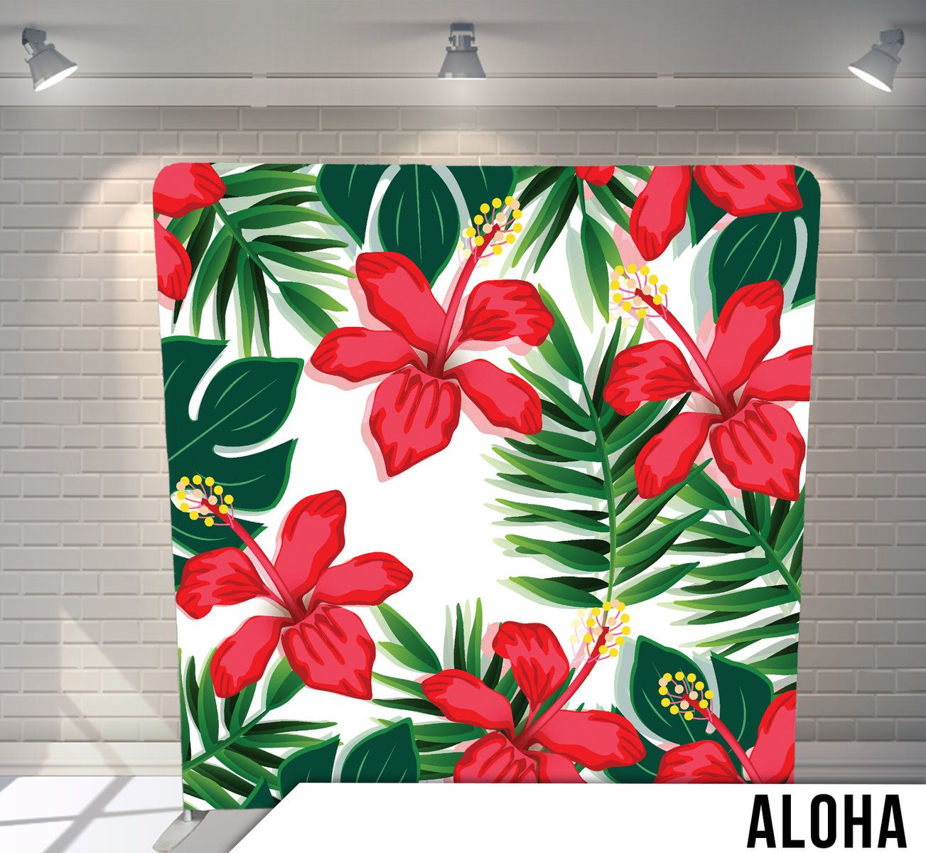 Tropical pattern with red hibiscus flowers and green palm leaves on white background.