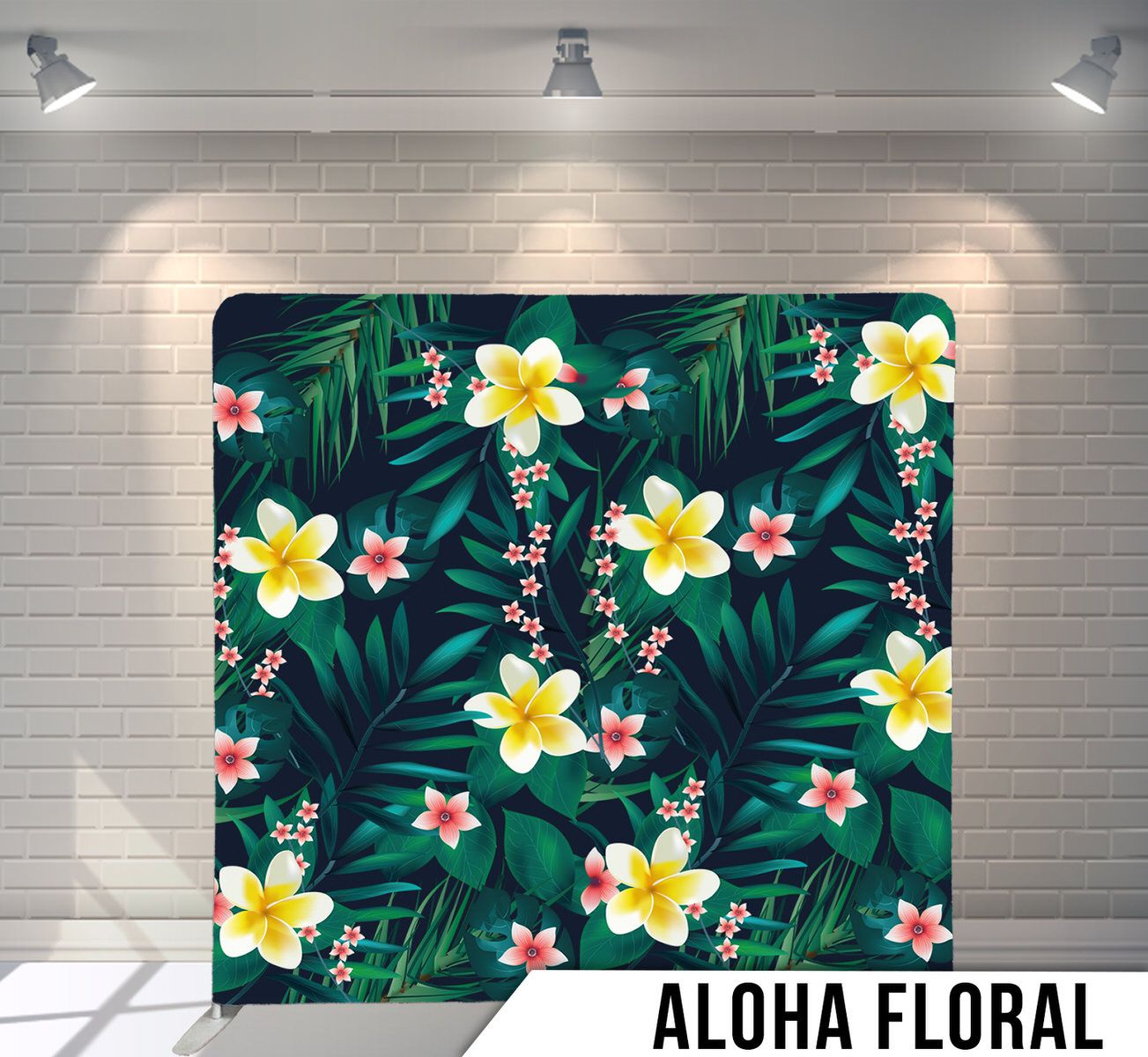 Dark tropical background with yellow plumeria flowers and green palm leaves creating an island vibe.