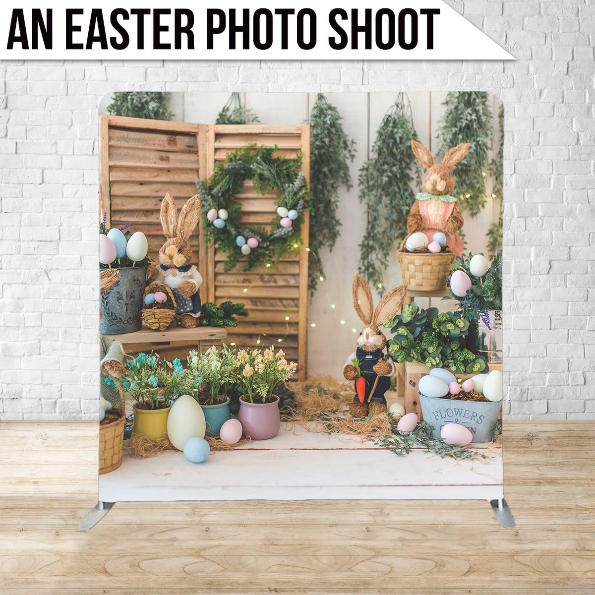 Easter-themed photo backdrop with wooden panels, pastel eggs, floral wreaths, and rustic decor.