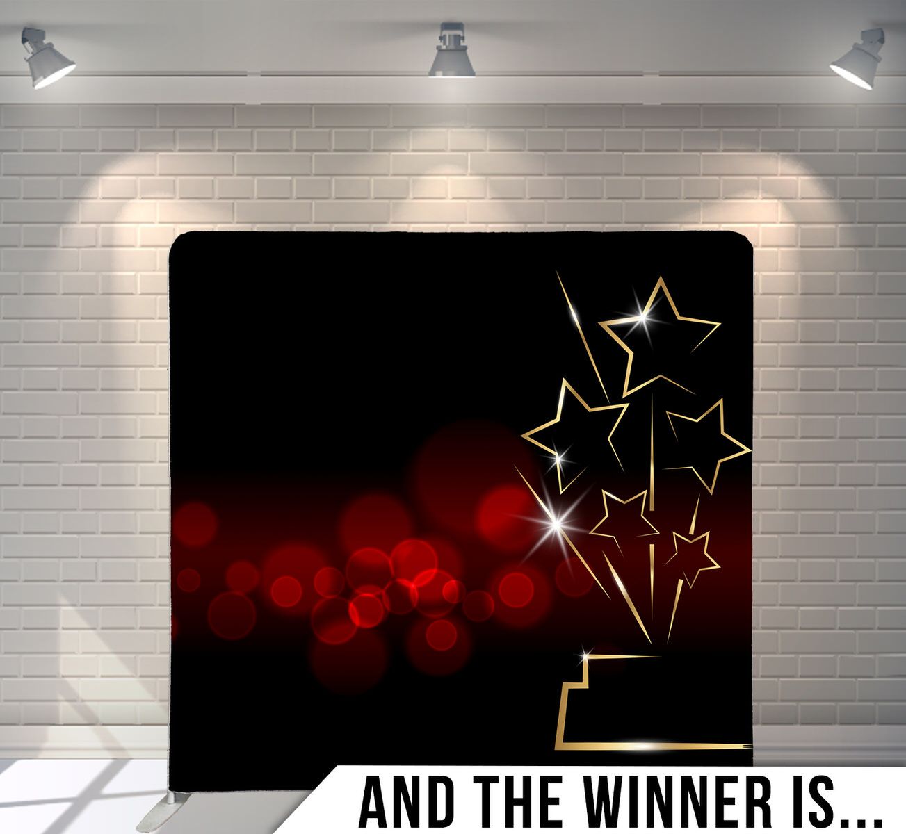 Elegant black backdrop with golden star decorations and sparkles on a dark red background.