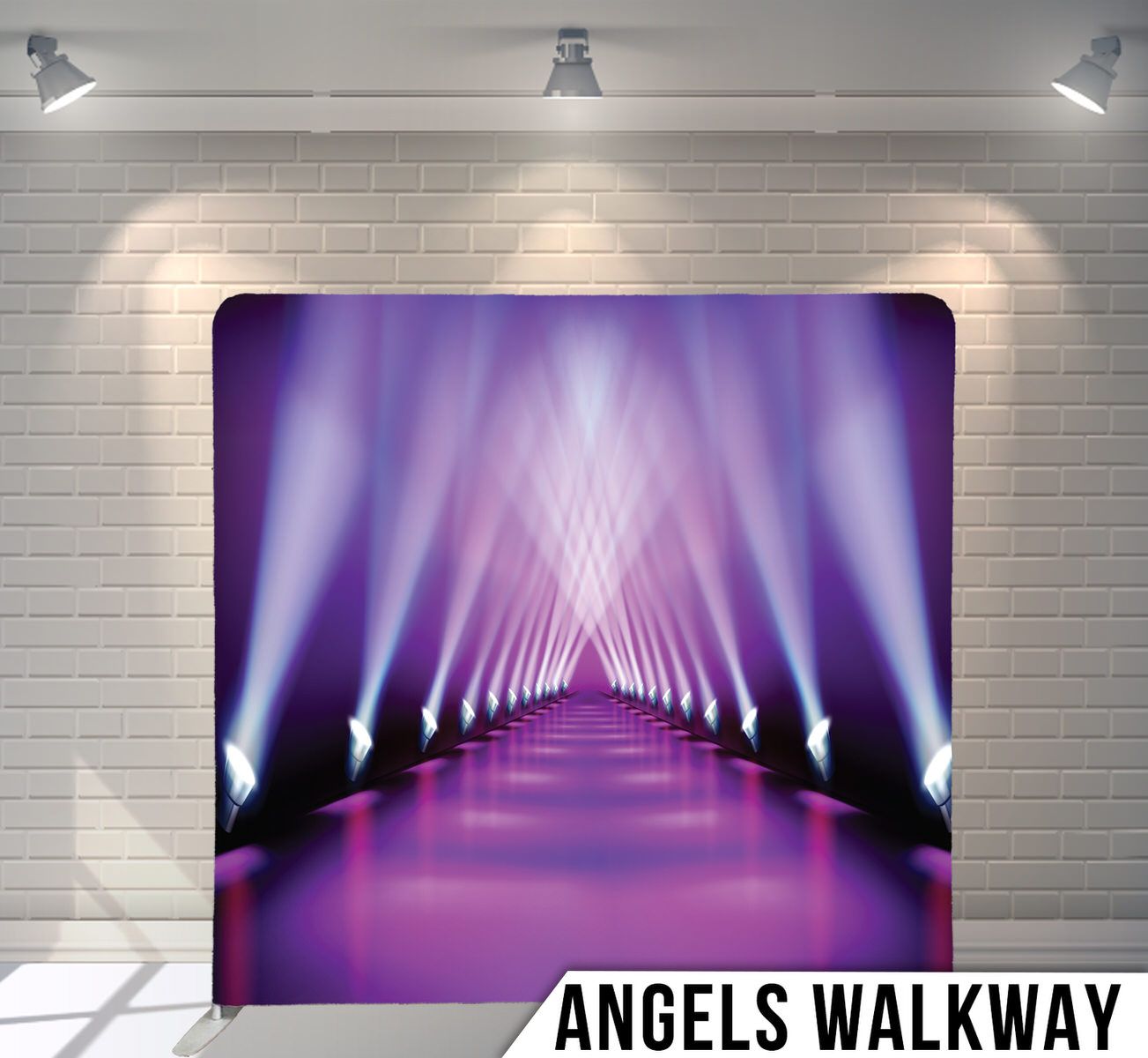 Dramatic purple corridor with symmetrical lighting creating an infinite tunnel effect.