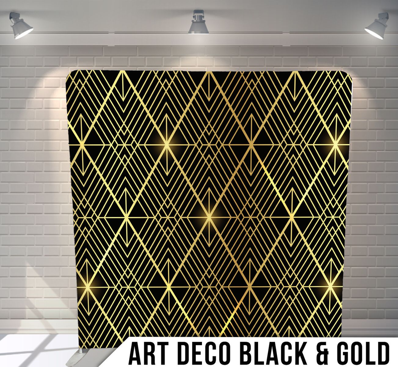 Art deco geometric pattern with black background and gold diamond line designs.