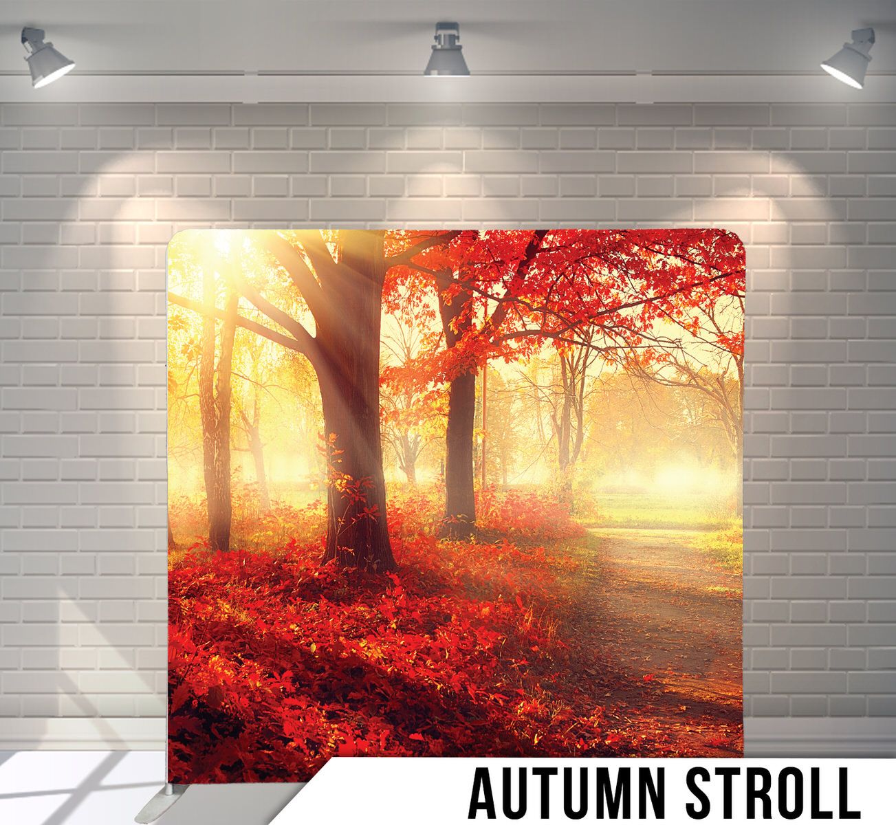 Misty forest path with vibrant red fall foliage and golden sunlight filtering through trees.