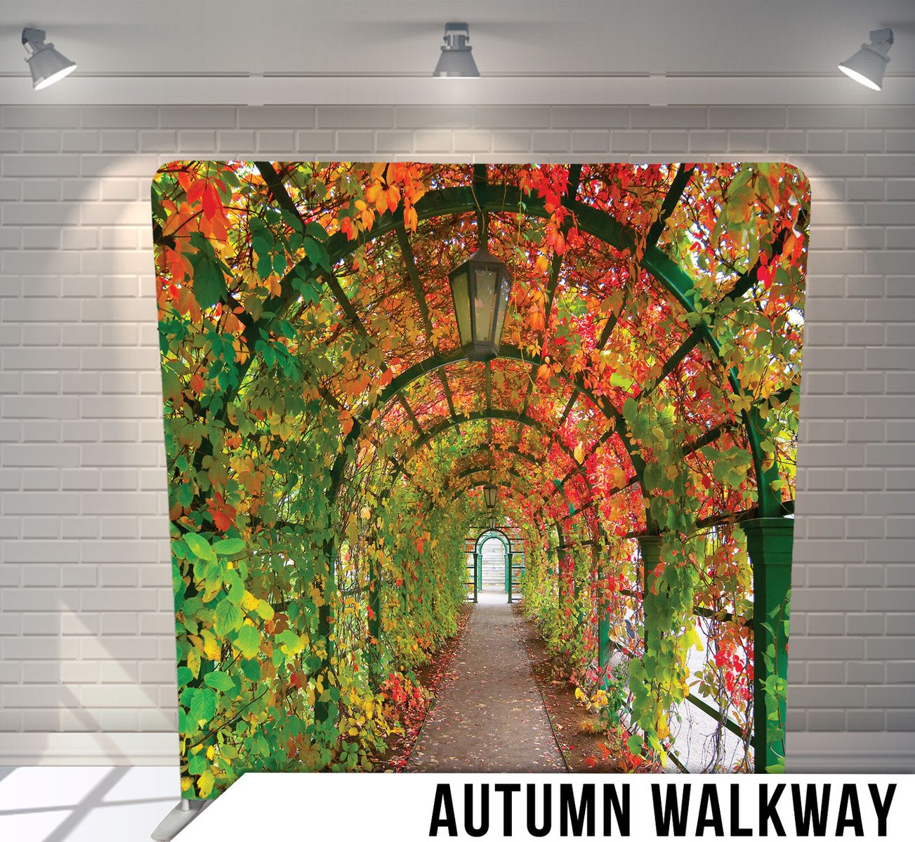Garden archway covered in colorful autumn vines and leaves leading to a distant light.