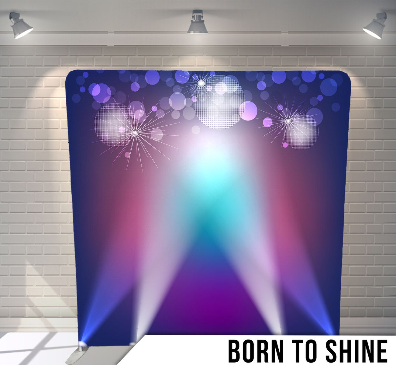 Stage lighting effect backdrop with purple and blue spotlights and sparkling bokeh elements.