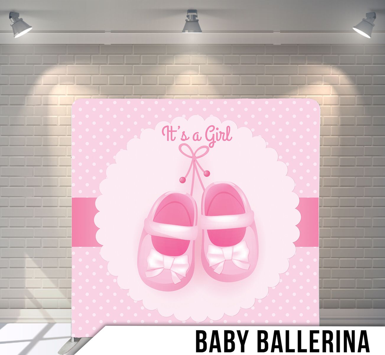 Pink baby announcement backdrop featuring delicate ballerina shoes and lace design.