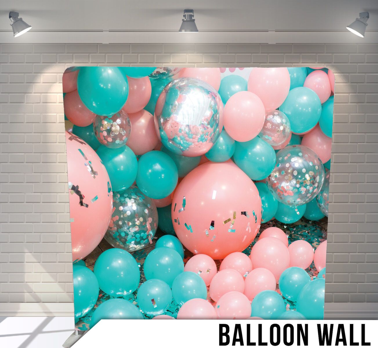 Festive balloon wall display featuring pink and turquoise balloons with silver confetti-filled transparent ones mixed in.