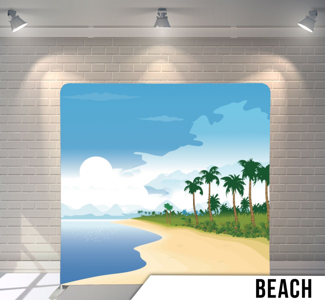 Illustrated tropical beach scene with palm trees, sandy shore, and calm blue waters under sunny skies.