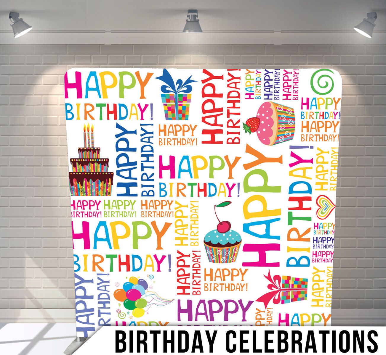 Colorful birthday celebration backdrop with repeating text and festive cake illustrations.