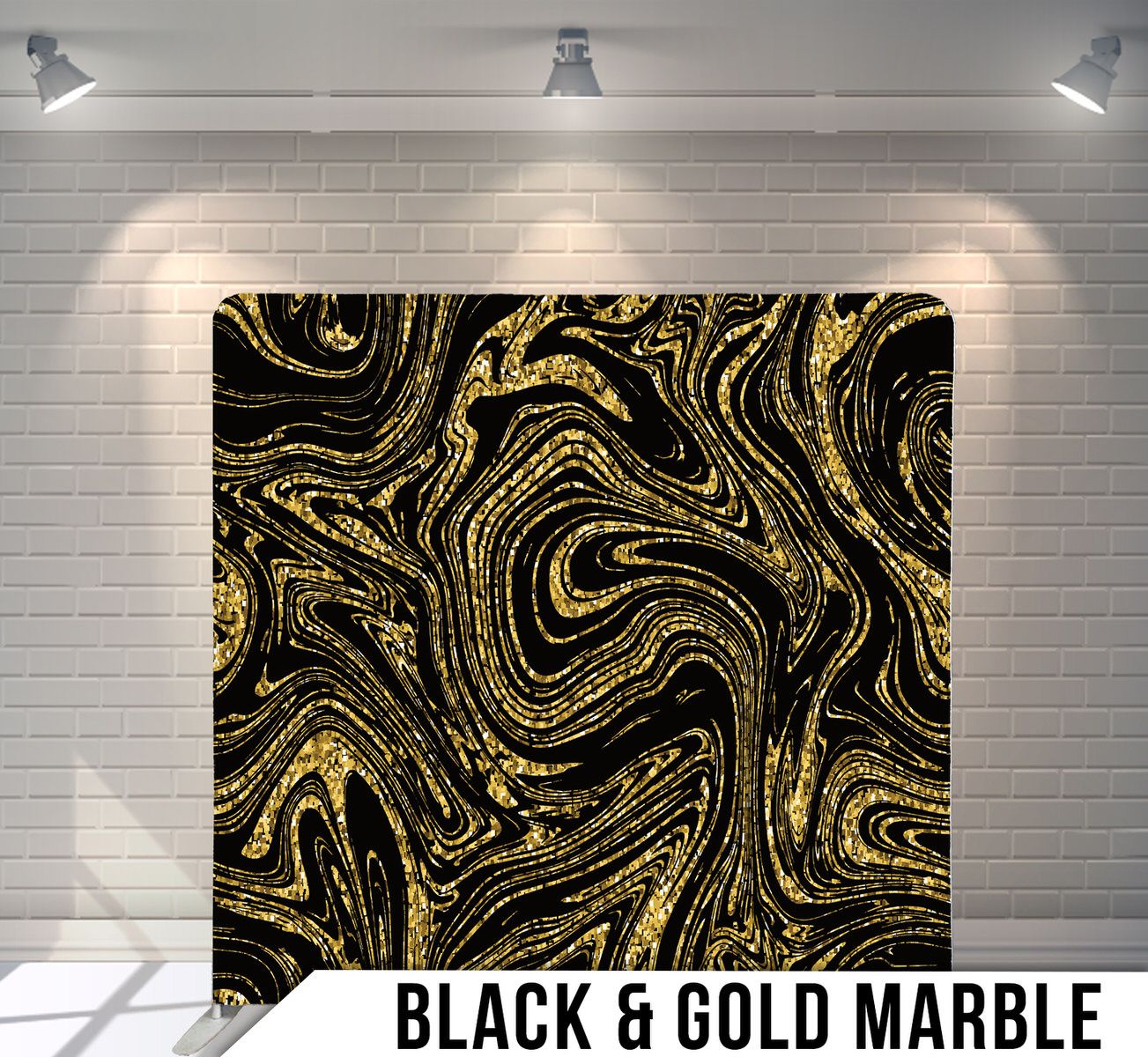 Swirling black and gold marble texture with elegant wavy patterns creating a luxurious abstract design.