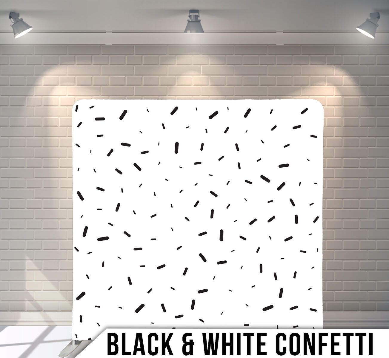 Scattered black rectangular shapes on white background creating a modern confetti pattern.