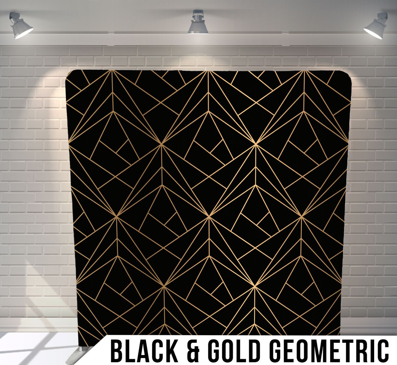 Art deco inspired geometric pattern with gold lines on black background forming symmetrical shapes.