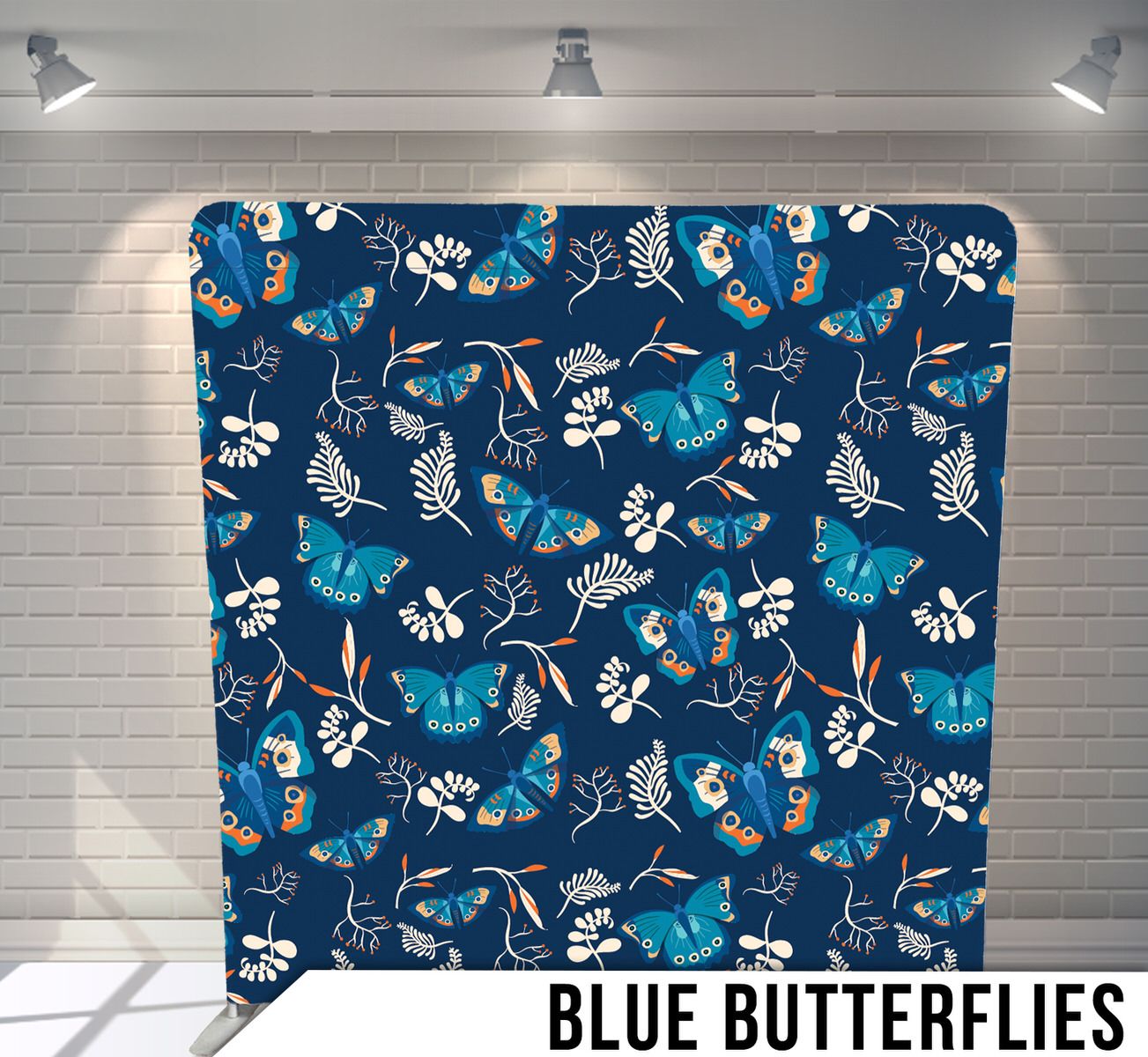 Decorative pattern featuring blue butterflies and floral elements on navy background.