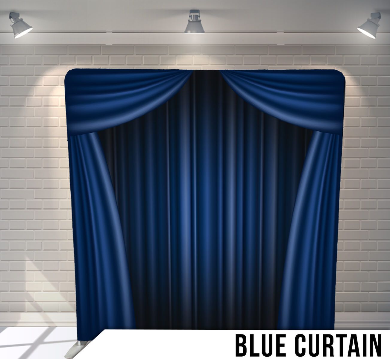 Elegant navy blue stage curtain backdrop with dramatic folds and lighting.