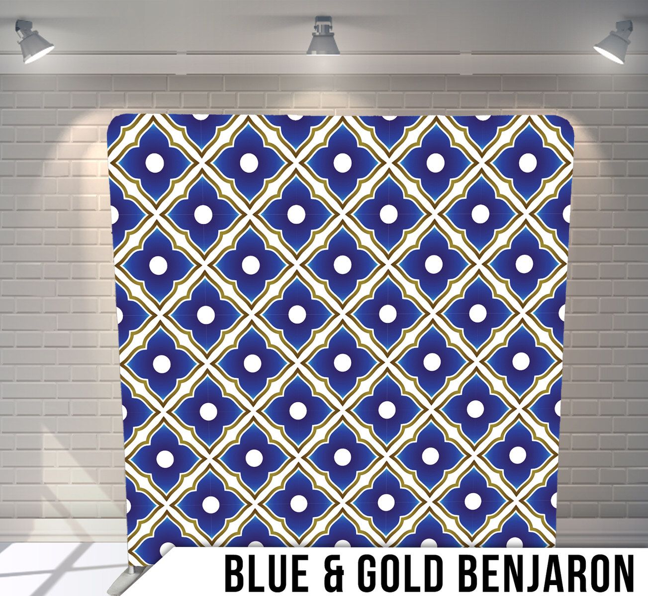 Geometric pattern of blue and gold diamonds with circular dots creating an intricate Benjaron design.