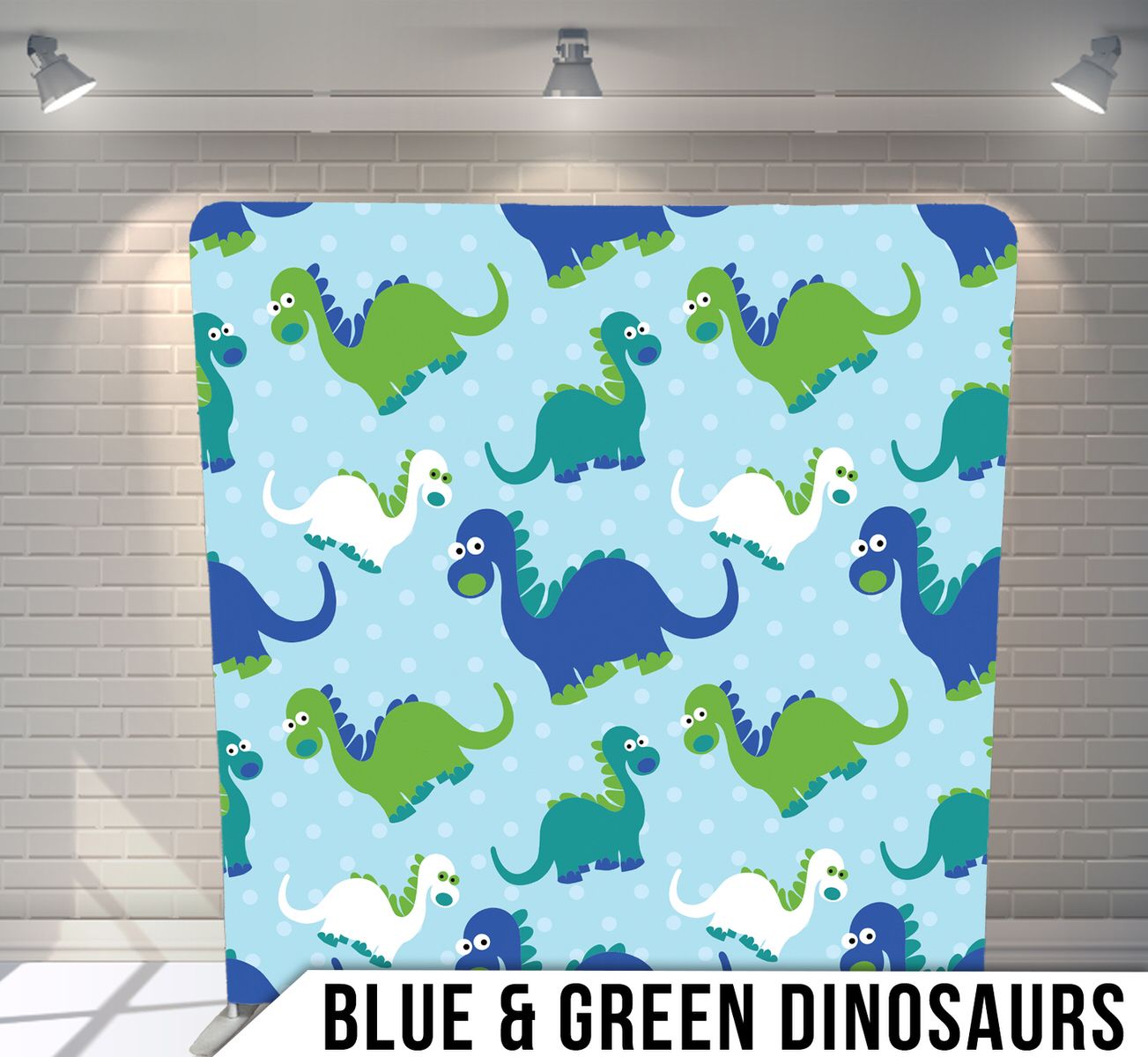 Playful pattern of cartoon dinosaurs in blue and green shades on a light blue background.