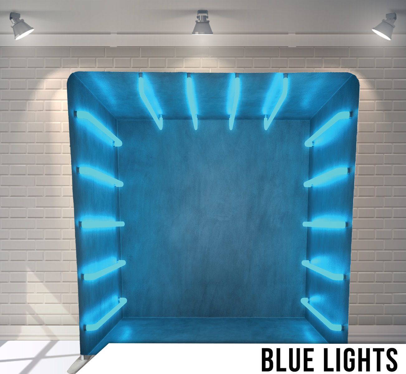 Modern display backdrop with blue neon lighting effects around the edges.