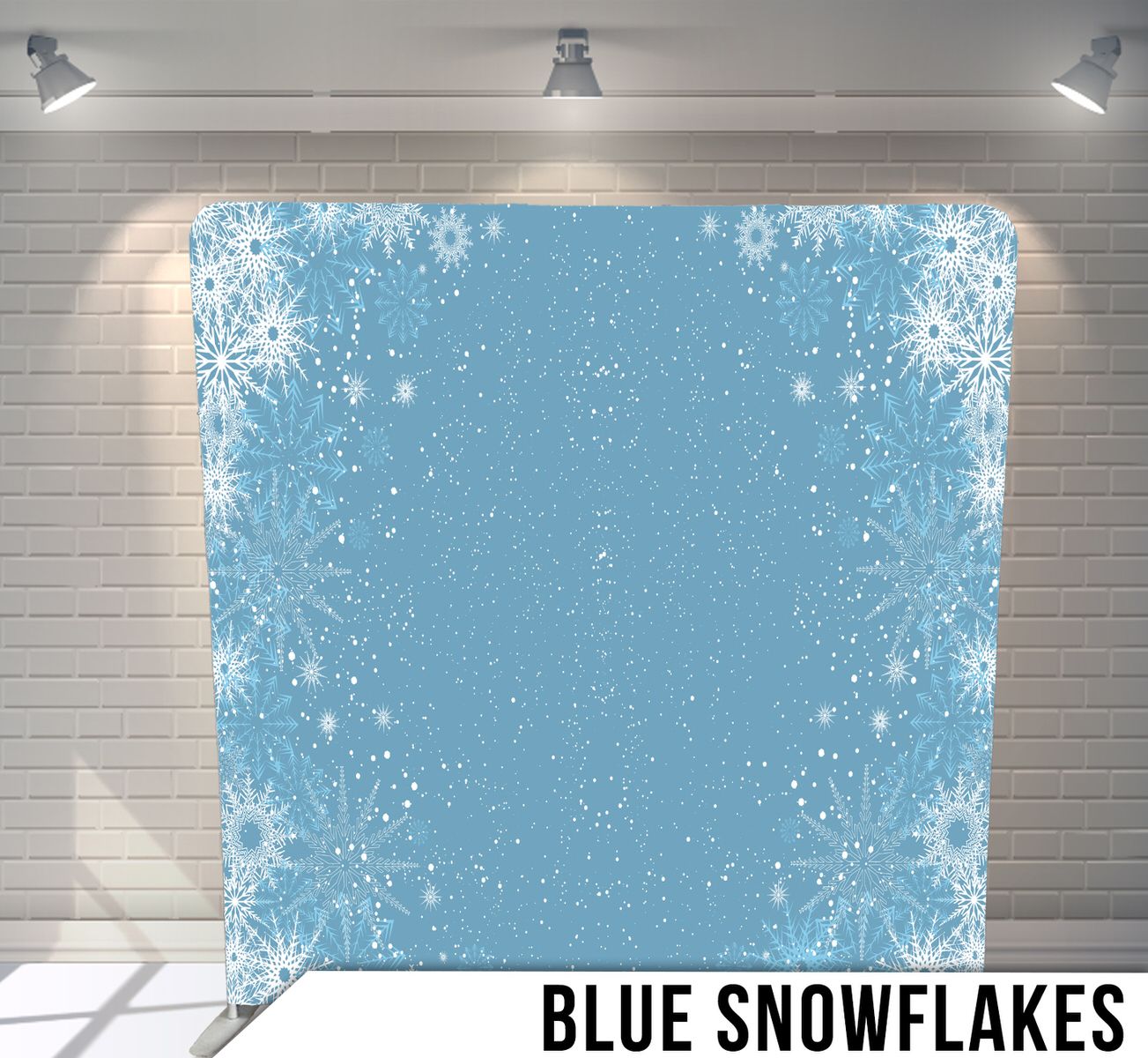 Light blue background with white snowflakes and sparkles creating a winter wonderland effect.