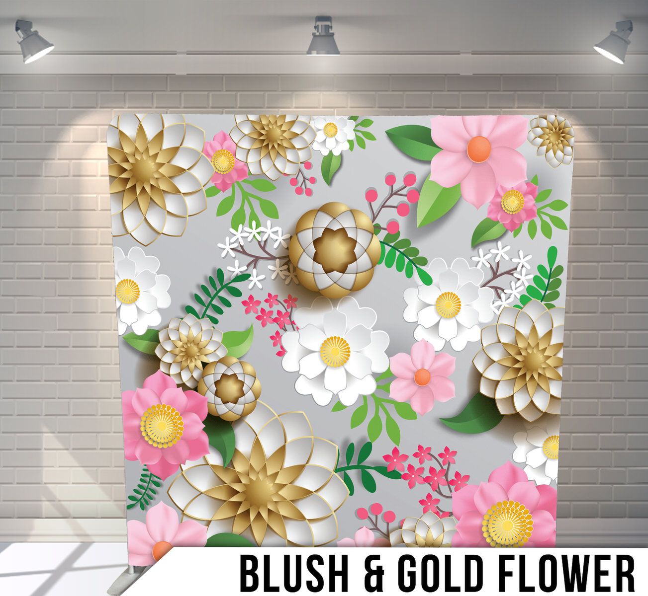 Decorative floral backdrop with pink and gold flowers featuring daisies and botanical elements on a light gray background.