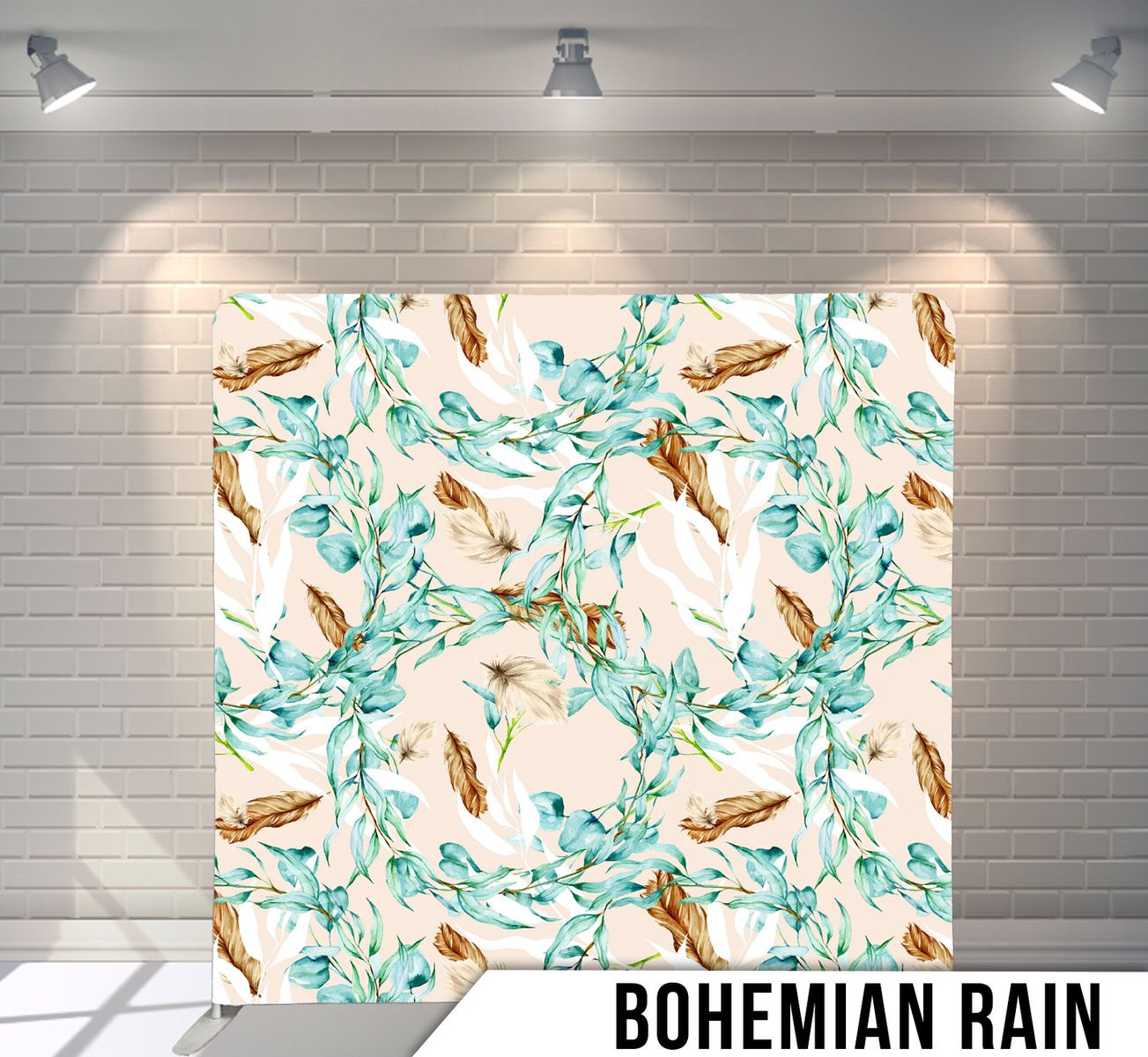 Watercolor pattern featuring teal leaves and brown feathers on a white background in a bohemian style.