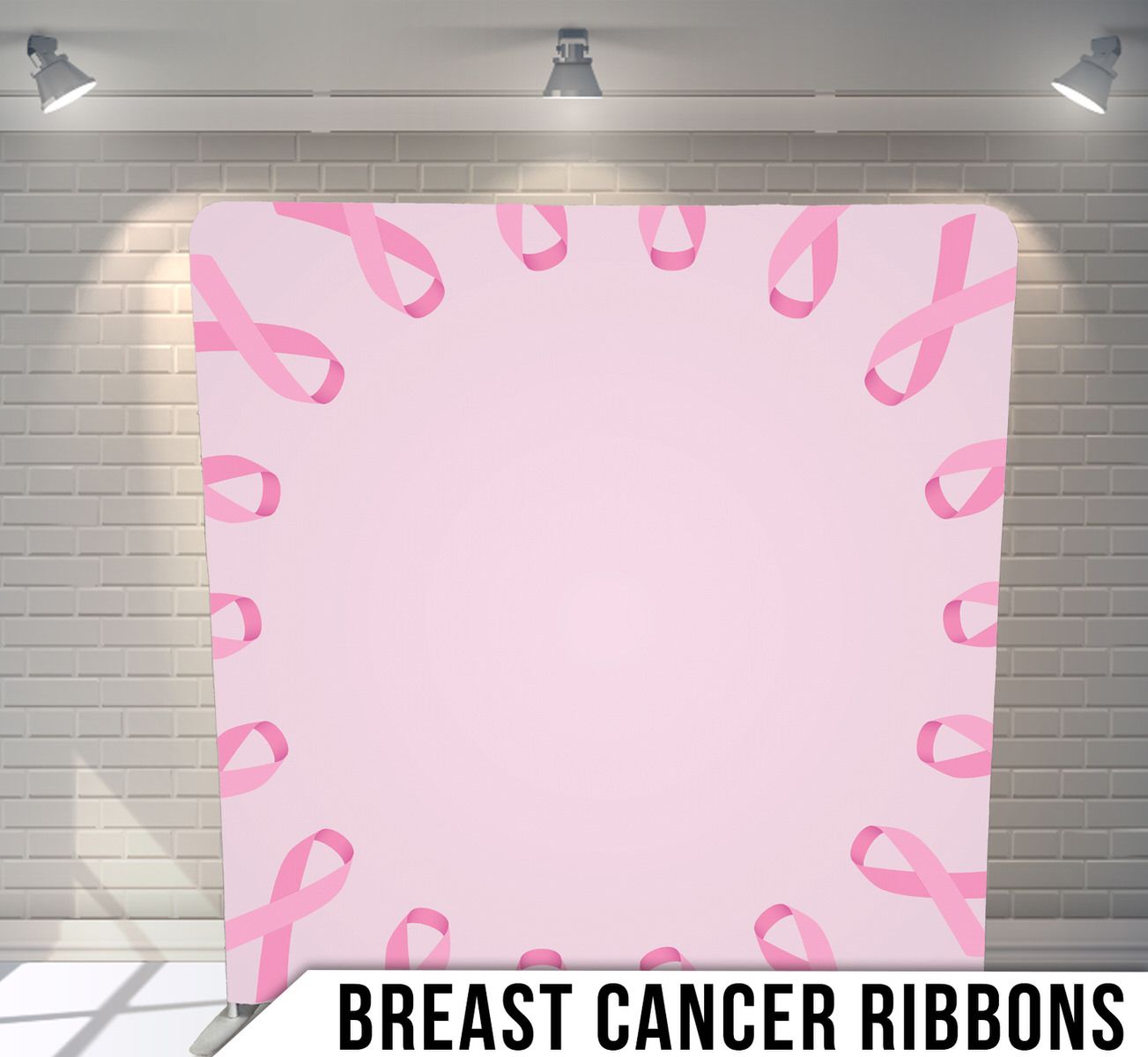 Pink breast cancer awareness ribbons arranged in a border frame pattern on light pink background.