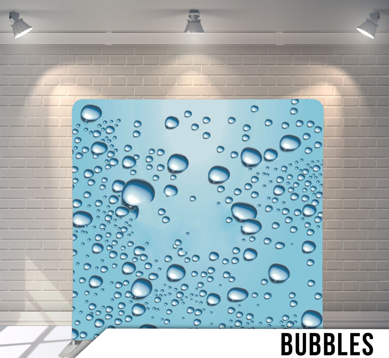 Water droplets and condensation pattern on light blue surface.