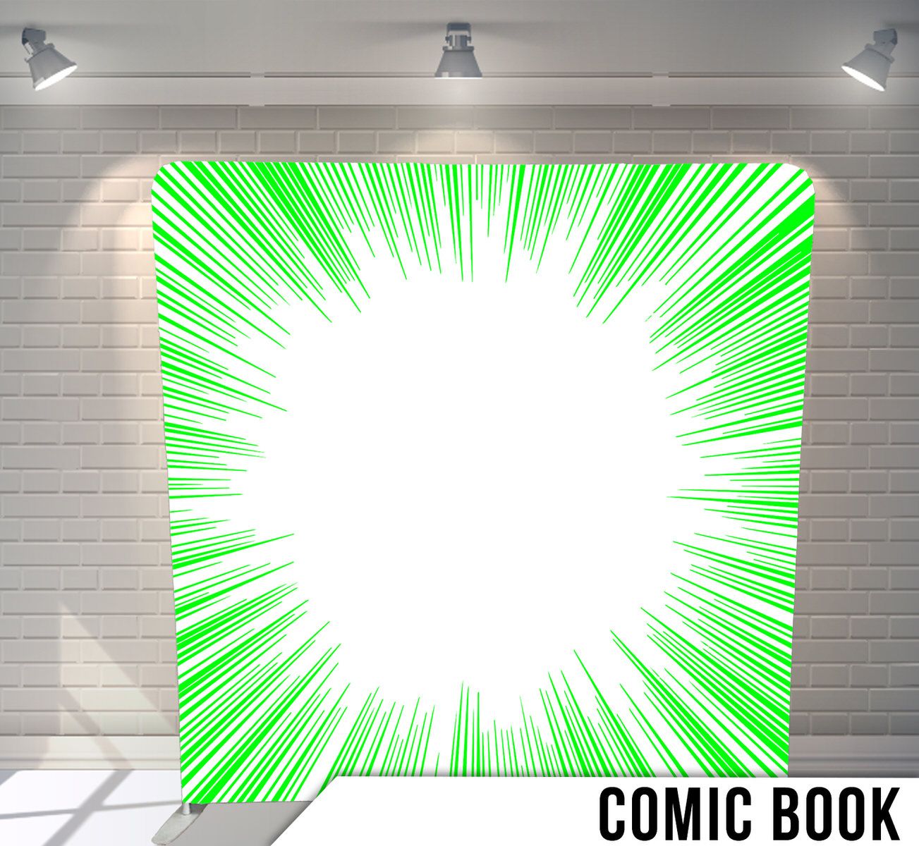 Green and white starburst effect radiating from center in comic book style.