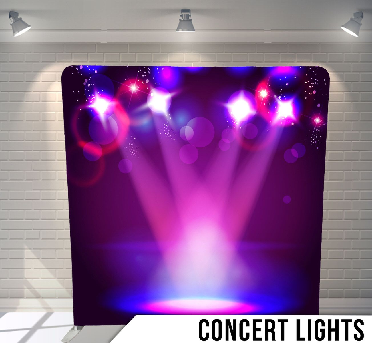 Stage spotlights creating dramatic purple and pink beams with bokeh effects.