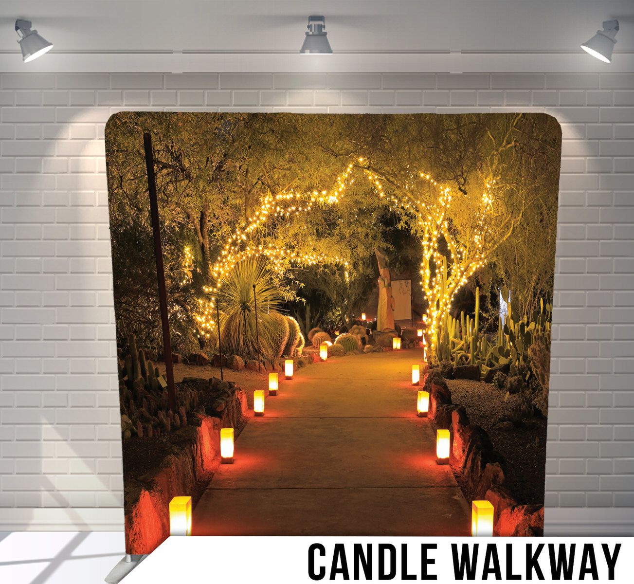 Enchanting garden pathway lined with glowing lanterns under illuminated archways at night.