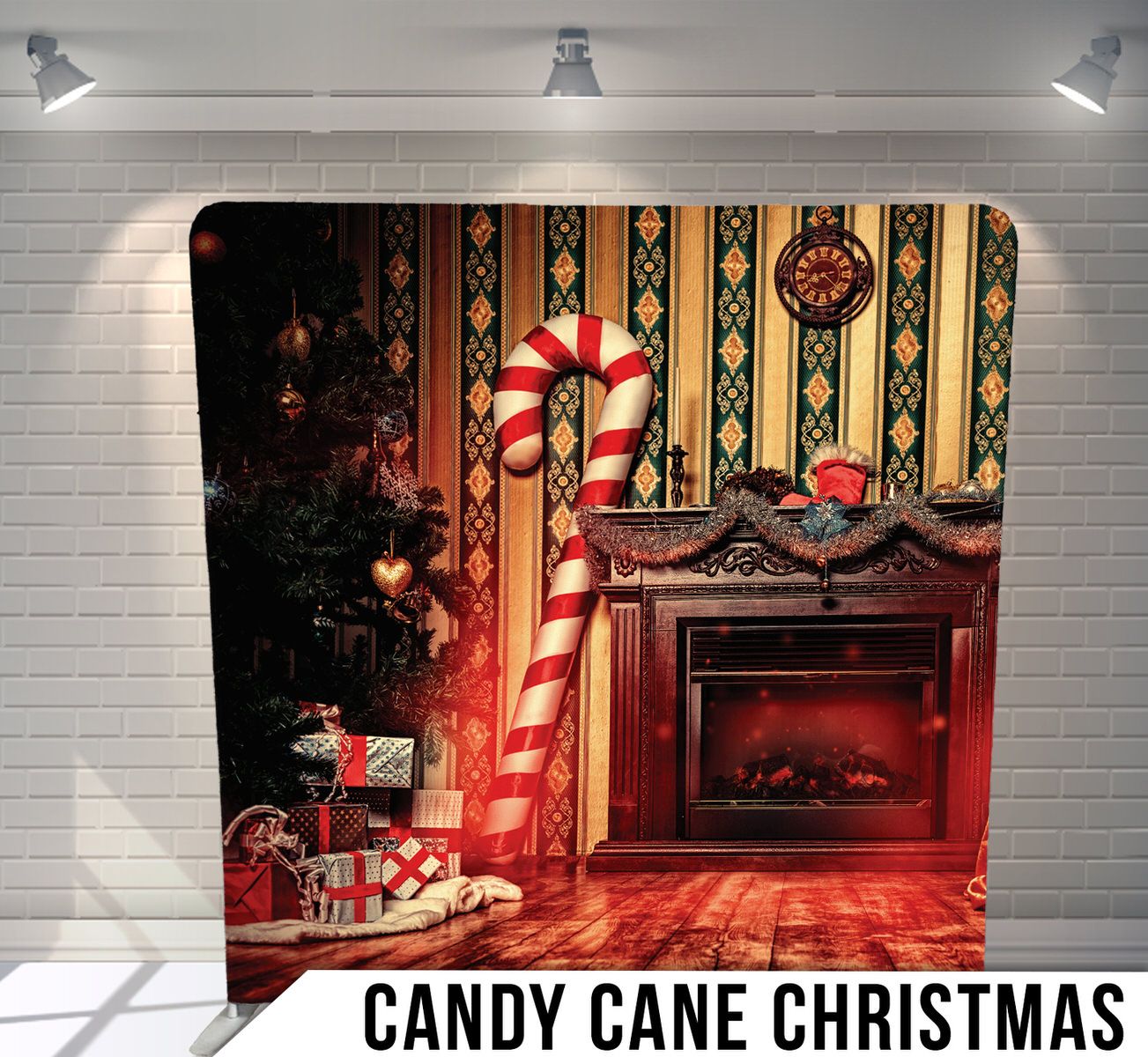 Festive Christmas scene with giant candy cane and fireplace decorated in traditional holiday style.