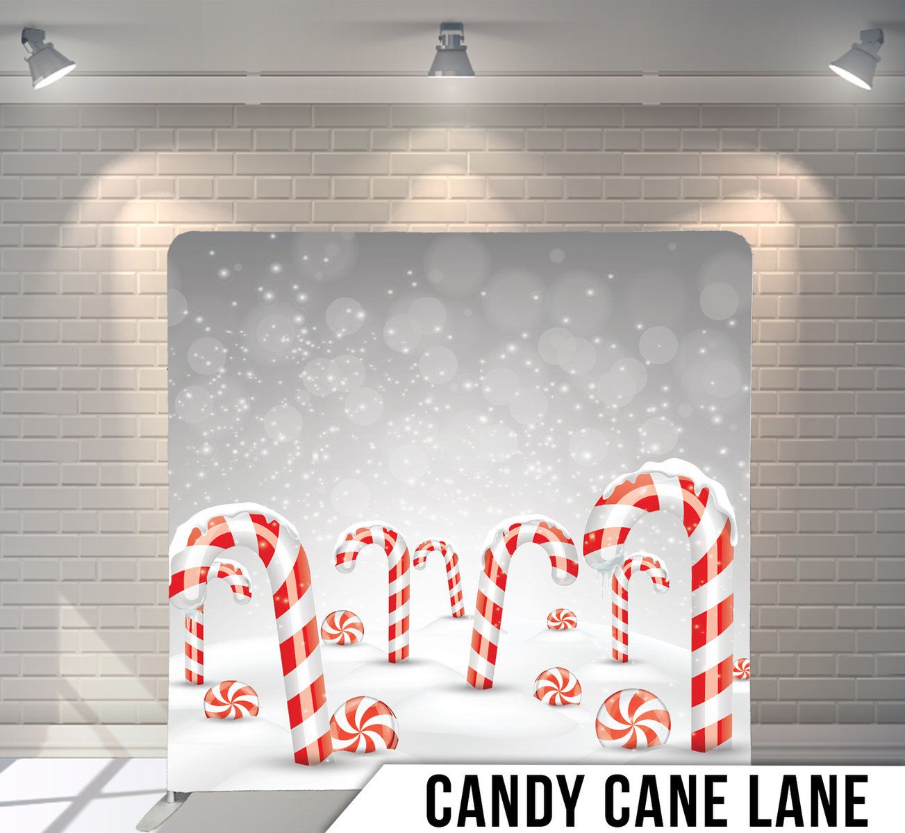 Whimsical candy cane display against a snowy bokeh background.