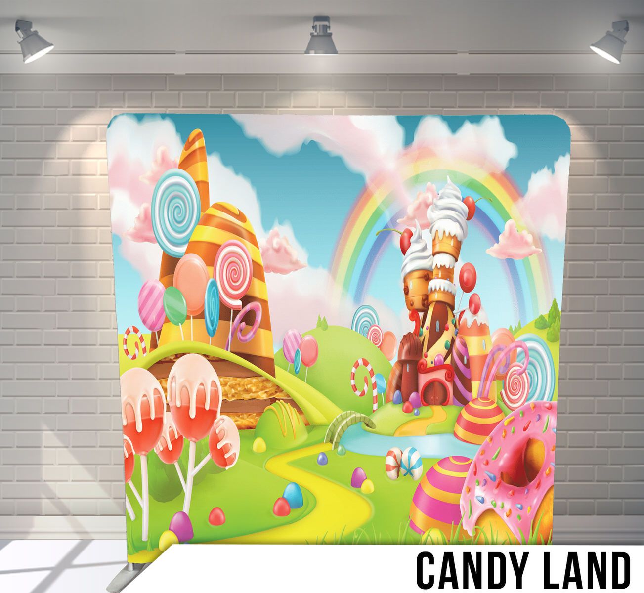 Colorful cartoon candy land landscape with lollipops, rainbows and sweet treats.