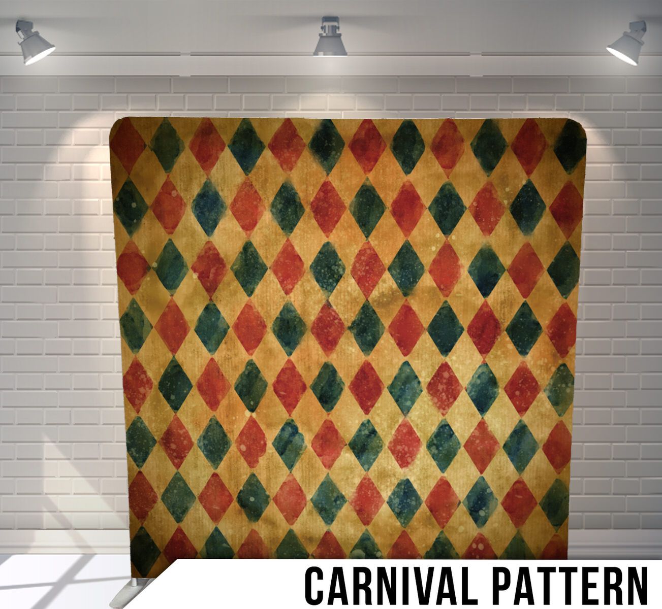 Vintage-style diamond pattern in orange, green, and red creating a retro carnival look.