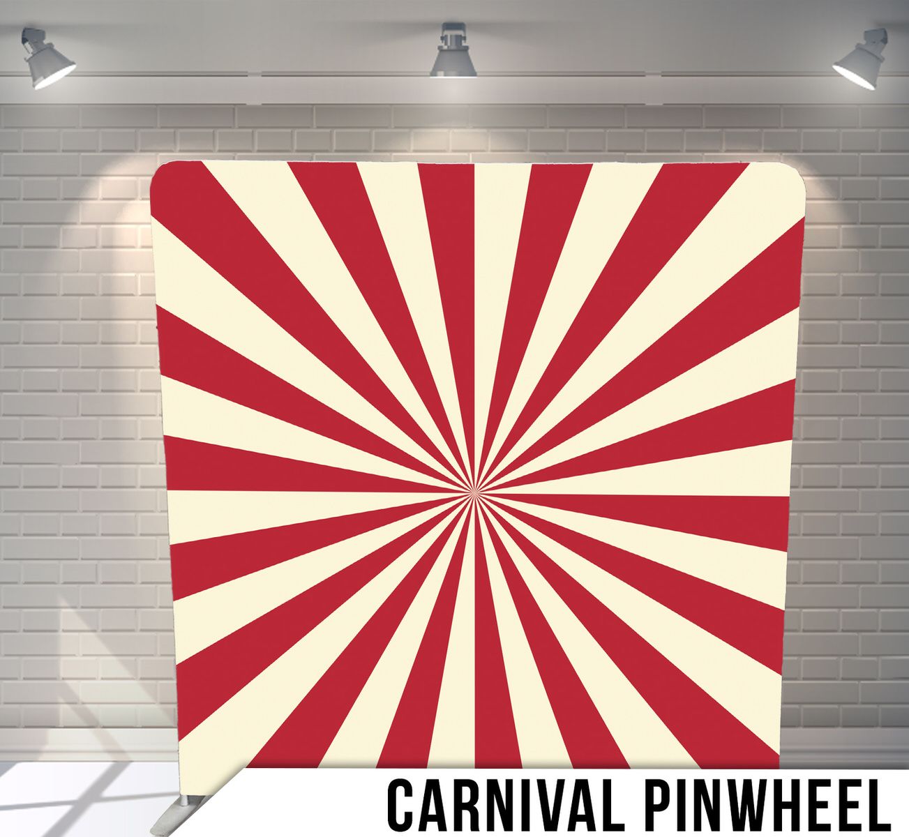 Red and cream starburst pattern radiating from center creating classic carnival pinwheel effect.