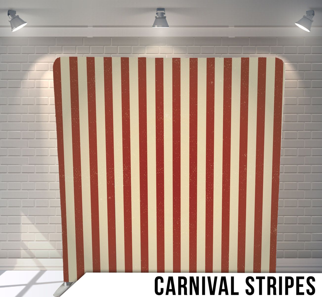 Classic red and white vertical striped carnival pattern backdrop.