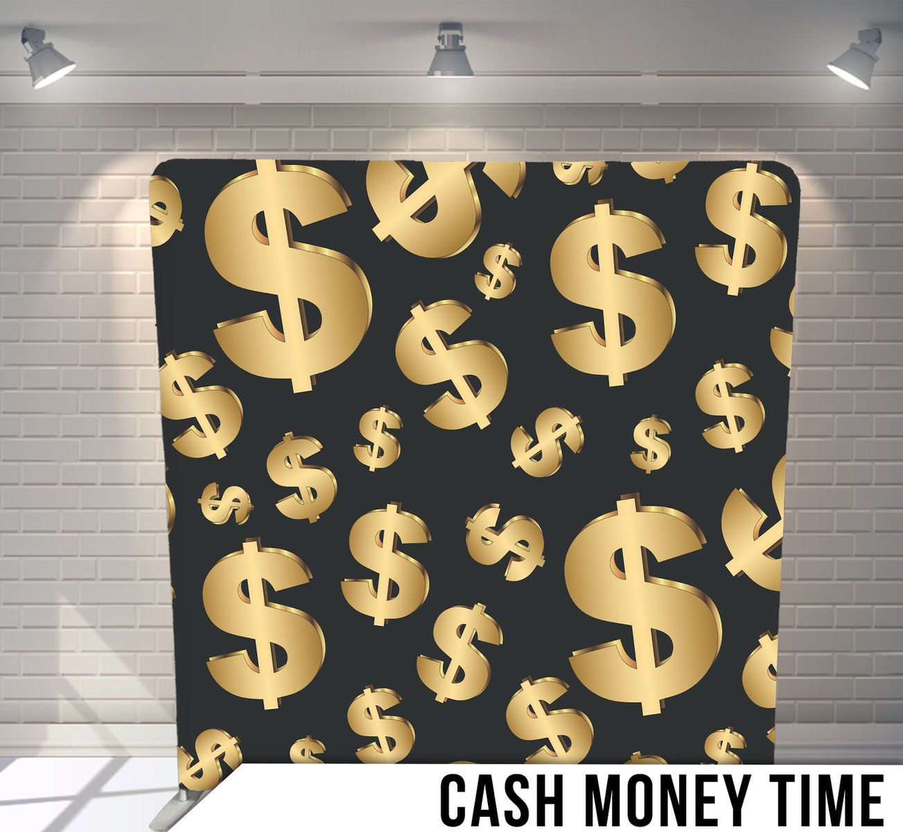 Gold dollar signs arranged in a repeating pattern against a dark background for a money-themed backdrop design.