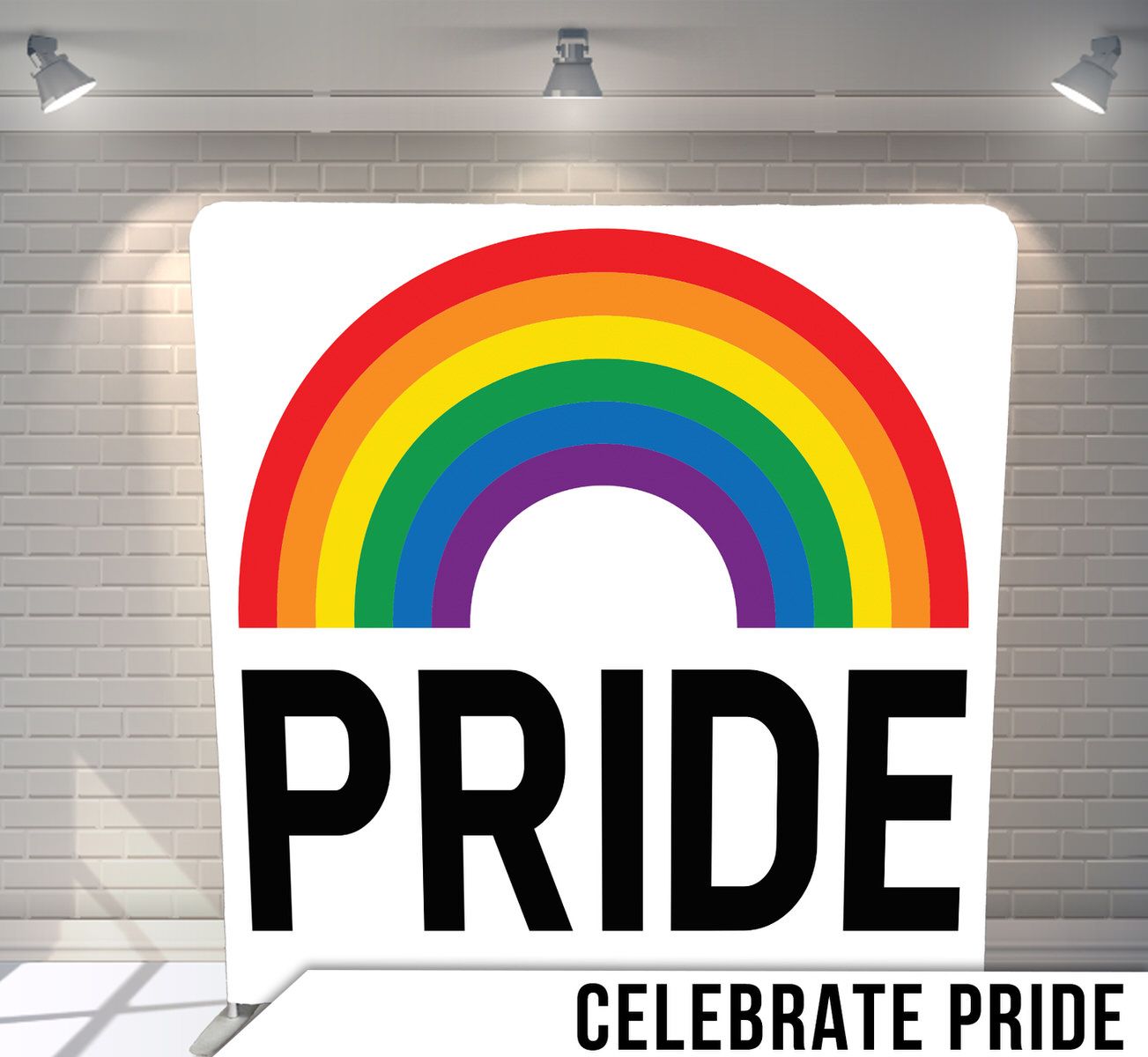 Colorful rainbow design with bold PRIDE text underneath on white background.