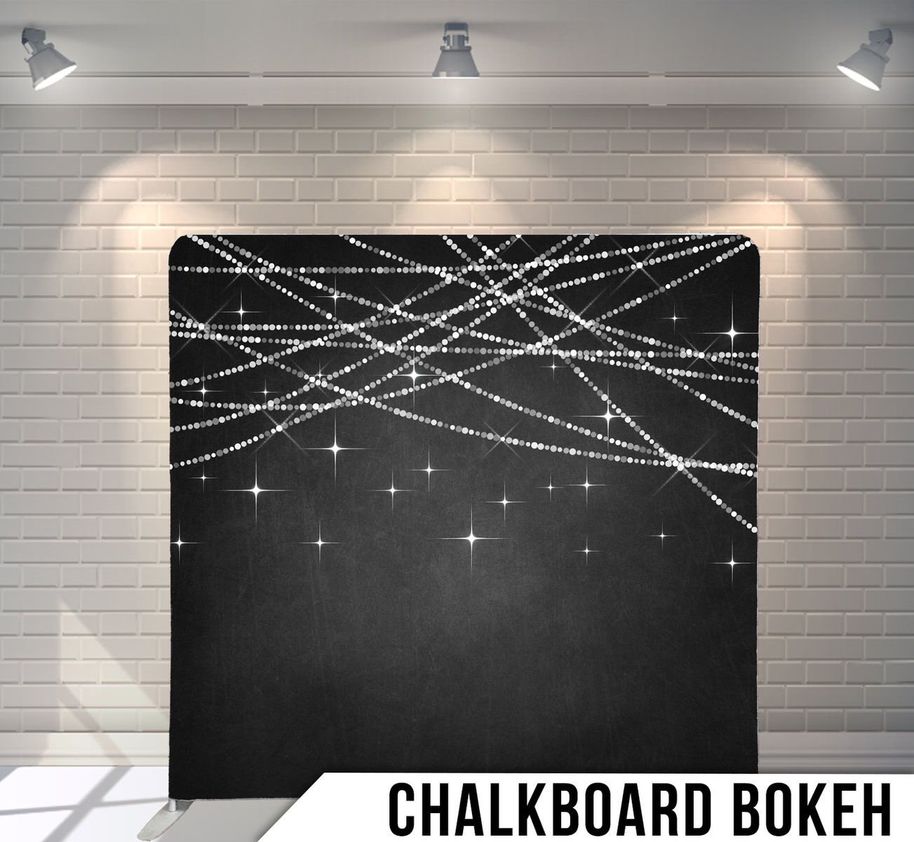 Black background with white sparkly string lights and bokeh effect creating a starry night ambiance.