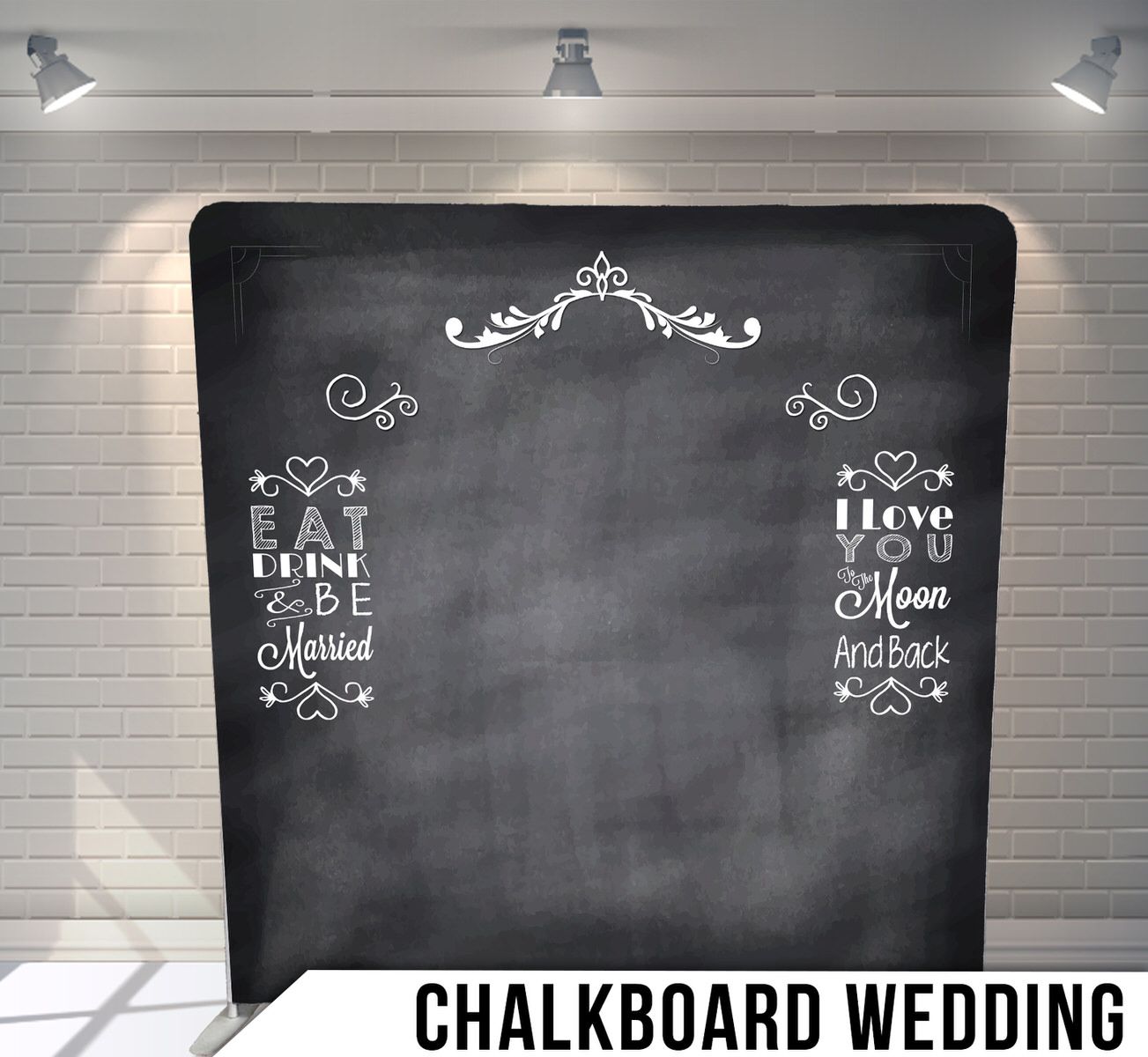 Vintage chalkboard design with decorative scrollwork and ornate frames for wedding announcements.