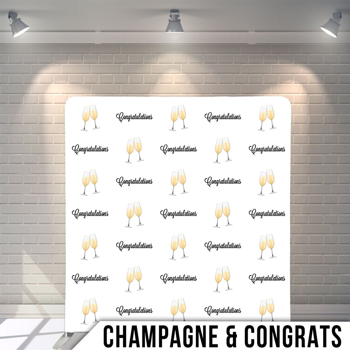Repeating pattern of champagne glasses and congratulations text for celebration backdrop.