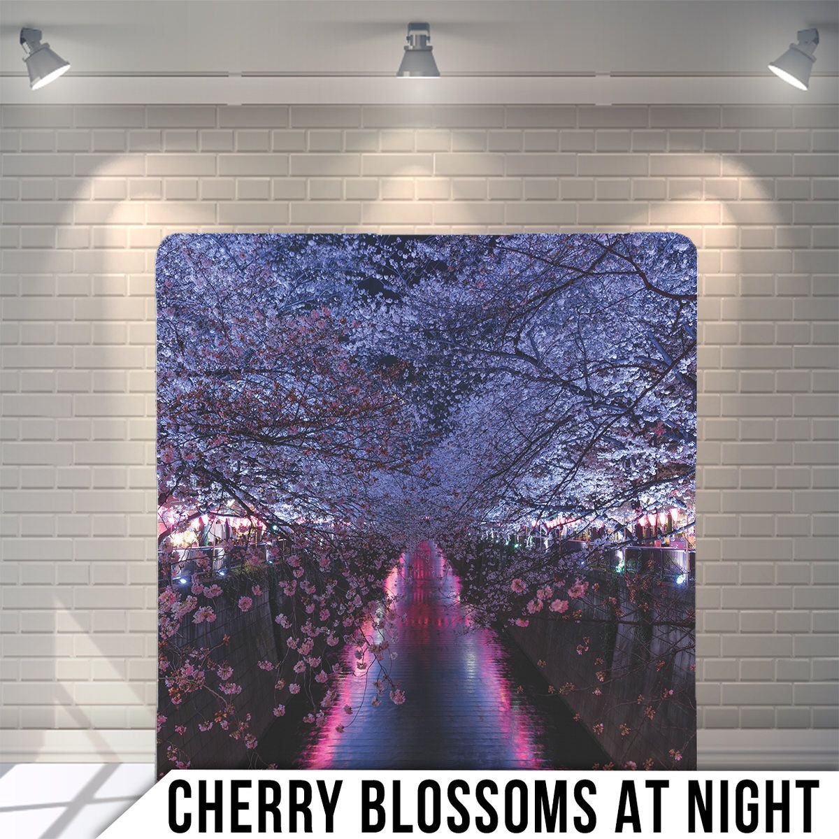 Illuminated cherry blossom trees lining a dark pathway at night with purple and pink hues.
