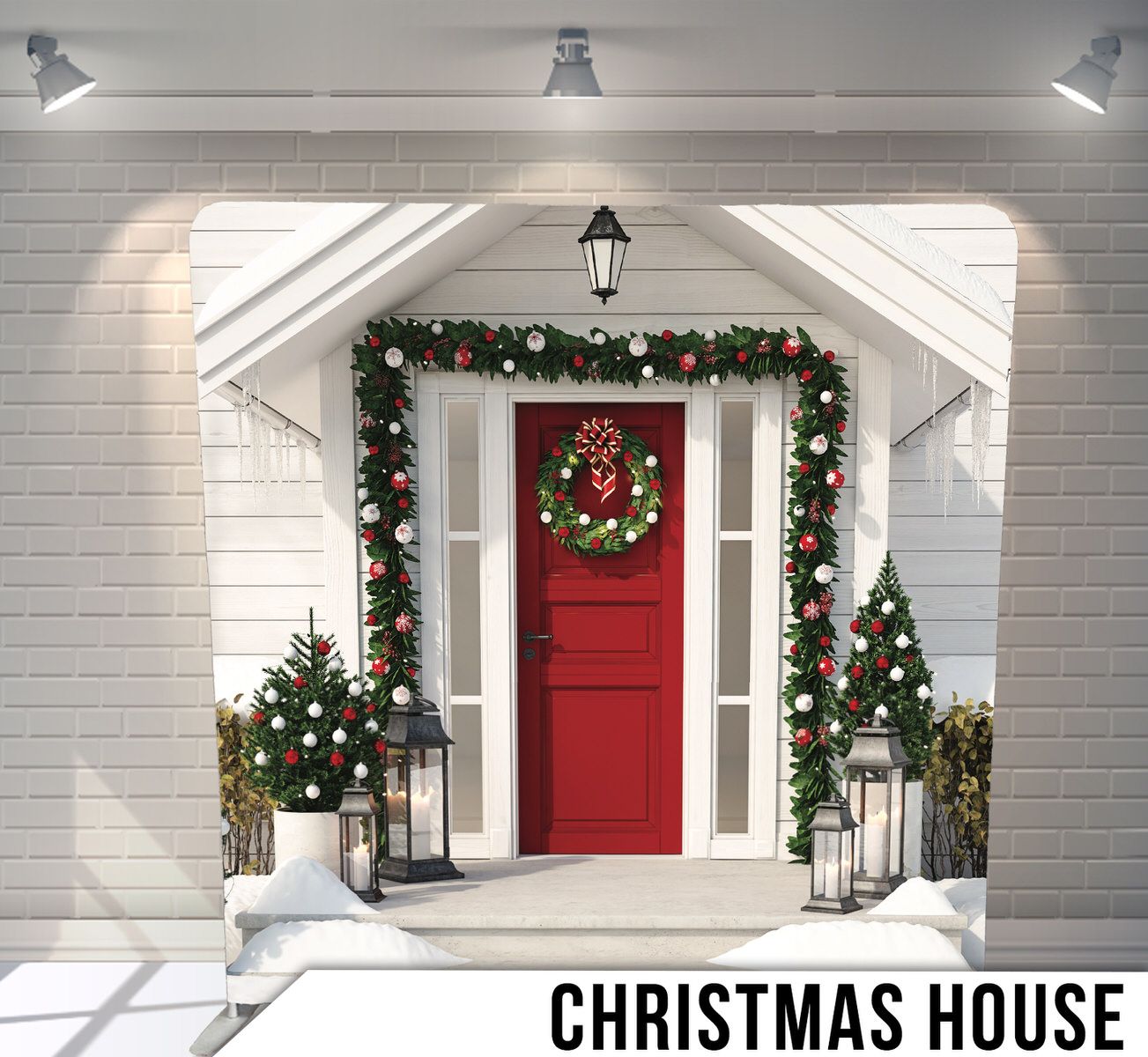 Elegant white porch entrance with red door decorated with Christmas wreath and mini trees.