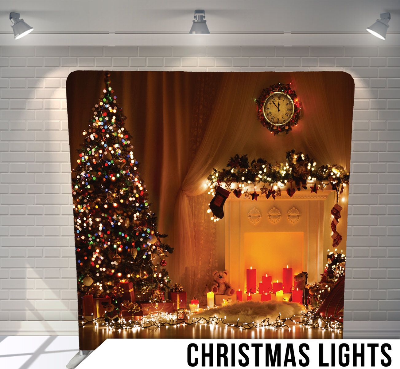 Cozy Christmas scene with decorated tree, fireplace mantel, and warm glowing lights.